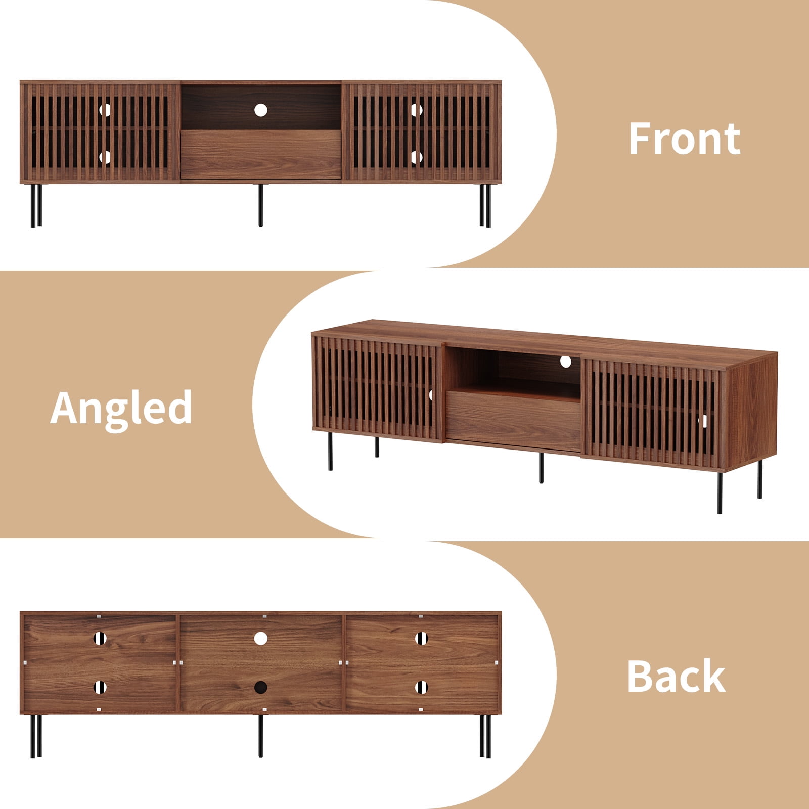 Hommpa TV Stand for 55/65/75/80 inch TV with 2 Slatted Doors and Drawer, Mid Century Modern TV Console for Living Room Bedroom, Storage Cabinets Entertainment Center for Gaming Media Console,Walnut