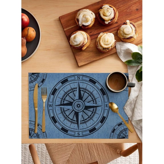 Vintage Nautical Compass Placemats Set of 6,Washable Woven Burlap Cloth Fabric Placemat for Square/Rectangle/Round/Oval Dining Table,Easy Clean Place Mats for Toddlers,Kids Navigation Geometric Blue