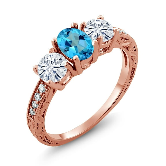 Gem Stone King 18K Rose Gold Plated Silver 3-Stone Ring Mystic Topaz Moissanite(2.12 Cttw) (Size 8)