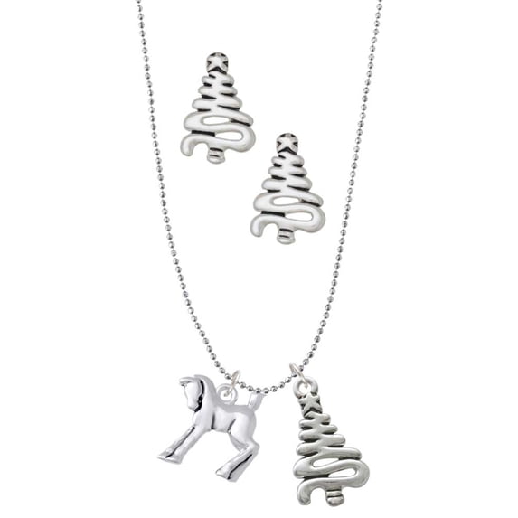 Delight Jewelry Silvertone Equestrian Horse Silver tone Zig Zag Christmas Tree Charm Necklace and Stud Earrings