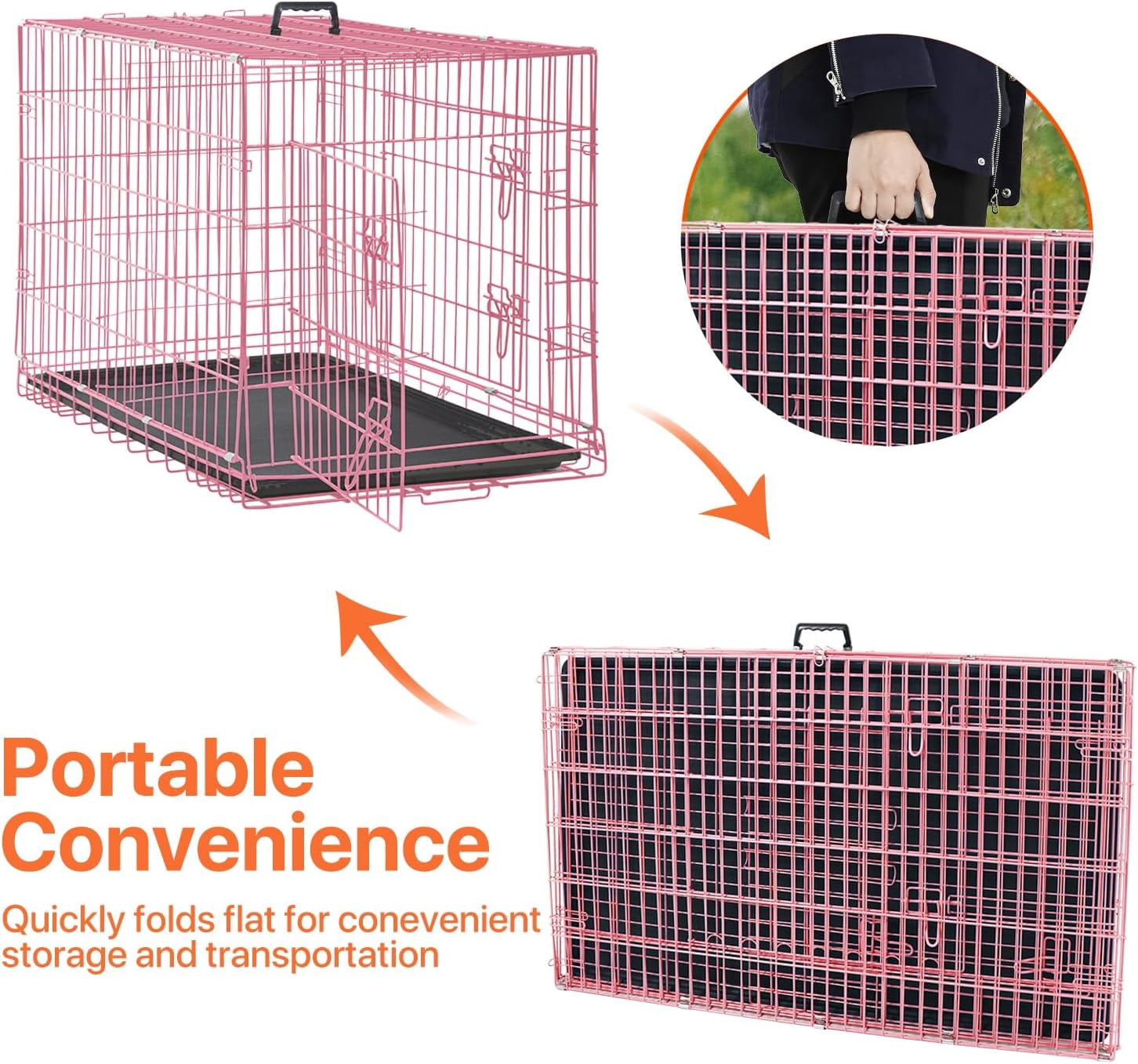 24 inch Dog Crate for Small Dogs Folding Portable Metal Dog Cage Kennel Double Door Pet Crate with Divider and Tray, Pink