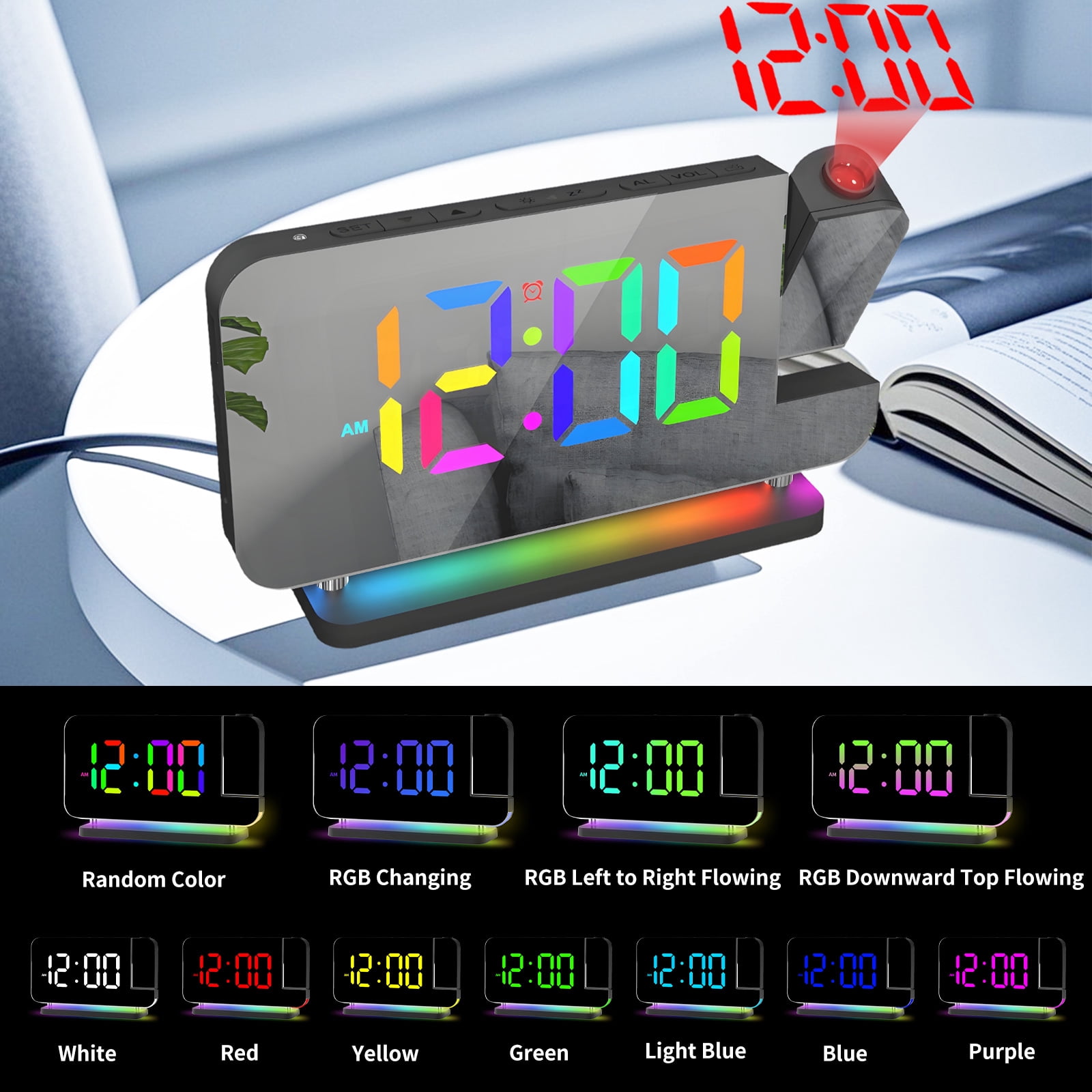 Syenll Projection Alarm Clock, 7.4 inch Large Digital Mirror Clock with Dual USB Charger Ports, 180° Rotatable Projector for Kids Bedroom Ceiling, Black