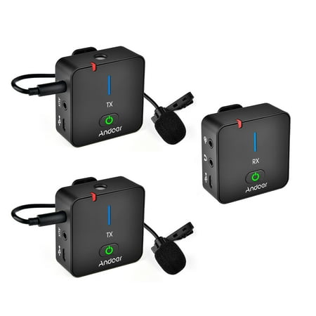 7299 MX5 2.4G Wireless Recording Microphone System(1 Reveiver + 2 Transmitters) with Clip-on Lavalier Mics 50M Effective Built-in Rechargeable Battery for Smartphone DSLR DV Vlog Video R