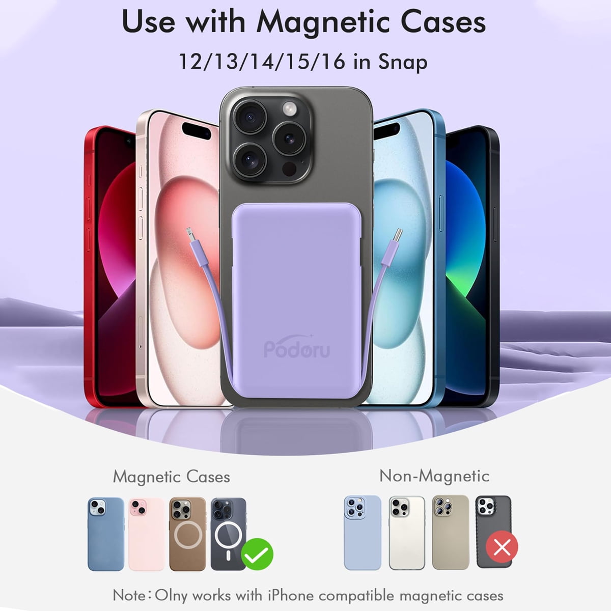 Podoru Wireless Portable Charger, 10000mAh Magnetic Power Bank Built-in USB C Lighting Cables 20W PD Fast Charging LED Display Battery Pack for iPhone 16/15/14/13/12/ All Series - Purple