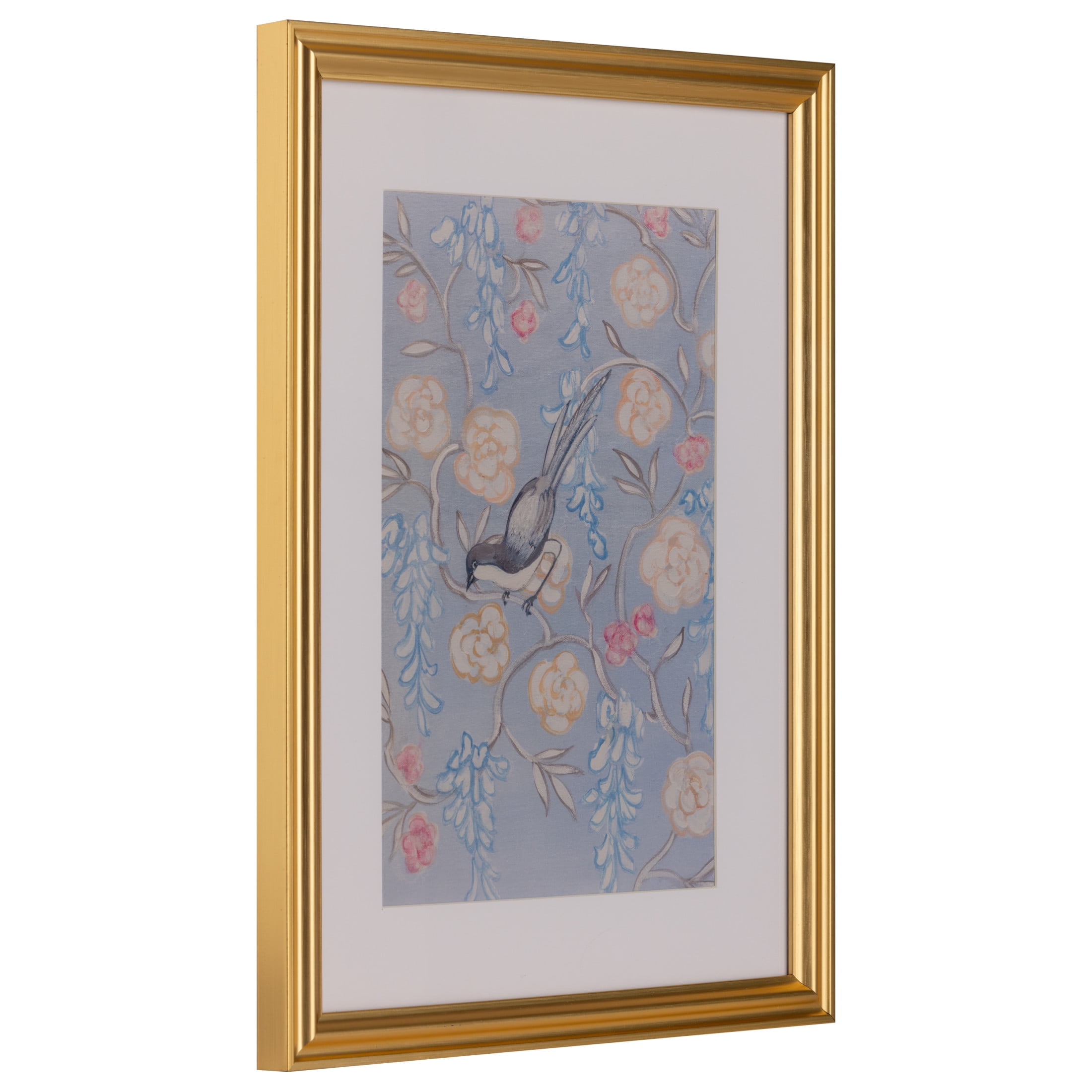 Gallery Solutions Set of 2 Framed Blue Bird Art Prints- 12x16 Floral Prints with Gold Foil Frame and Glass Matting for Elegant Wall Decor