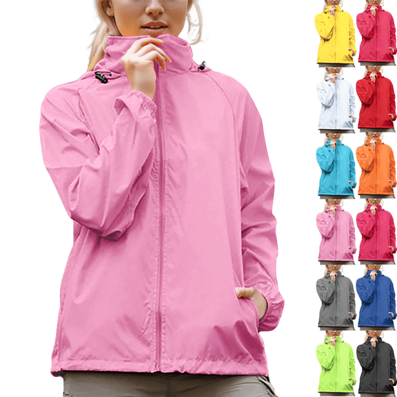 Rain Jacket for Womens Lightweight Breathable Raincoat Waterproof Hooded Rain Jacket Windbreaker Summer Hooded Active Outdoor Travel Ski Trench Coats