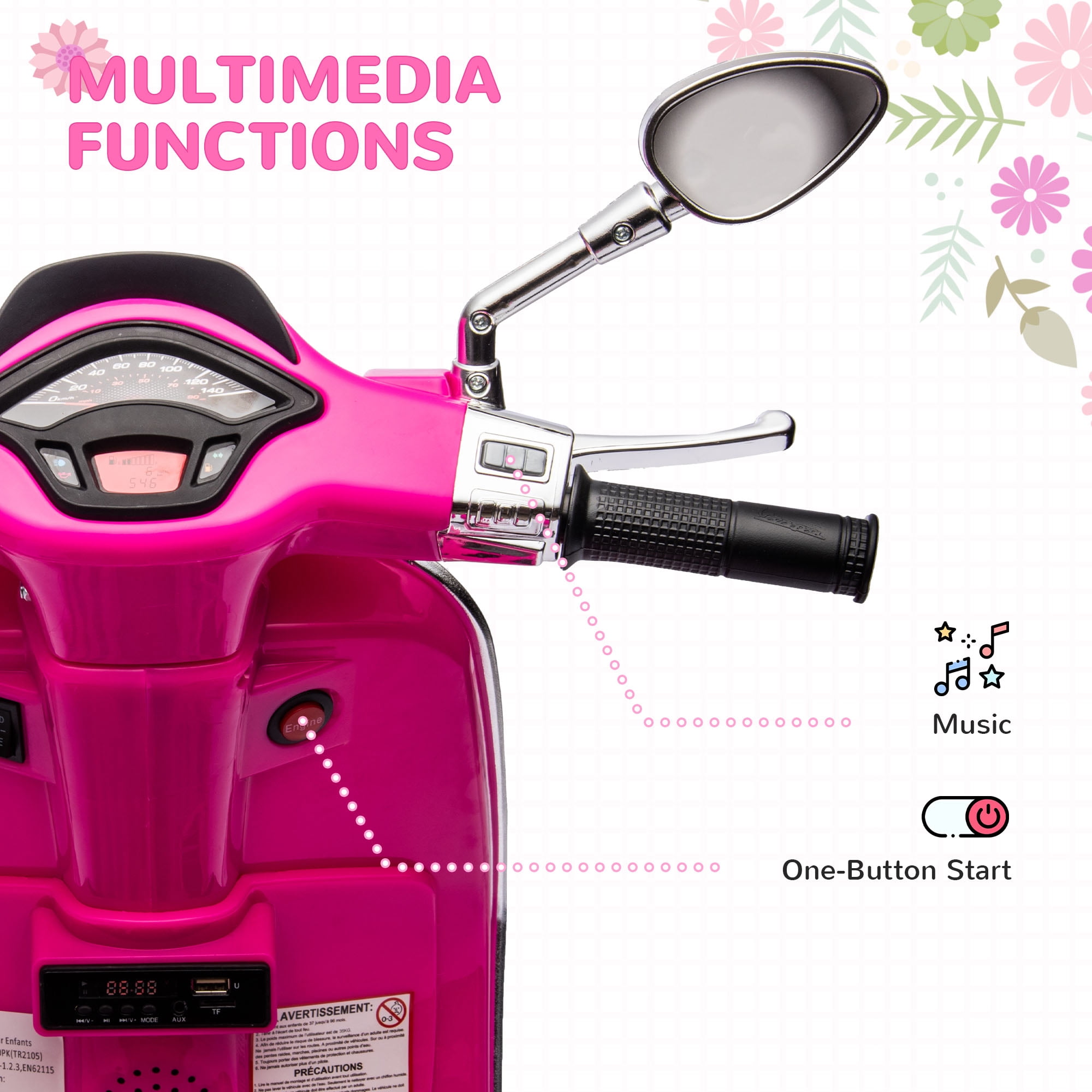 Qaba Vespa Licensed Electric Motorcycle for Kids, 6V Toddler Motorcycle with Music, FM Radio, Headlight, Single Button Start, Pink