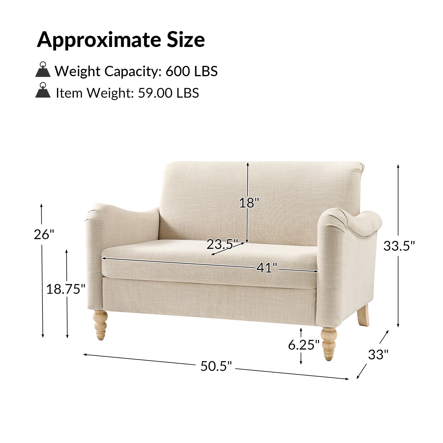 Tina's Home 50" Farmhouse Loveseat Sofa, Linen Upholstered Couch with Wide Seat, Sloped Arms and Solid Wood Bobbin Legs