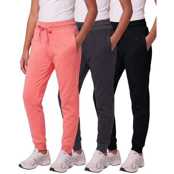 Real Essentials 3 Pack: Girls' Fleece Joggers Soft Active Performance Casual Sweatpants(Ages 5-14)