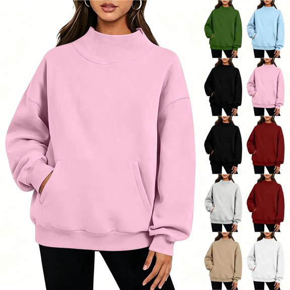 Otntypg Fall Mock Neck Sweatshirt Women Loose Oversized Turtleneck Long Sleeve Basic Solid Color Pullover Tops Trendy Y2K Sweatshirts with Pockets