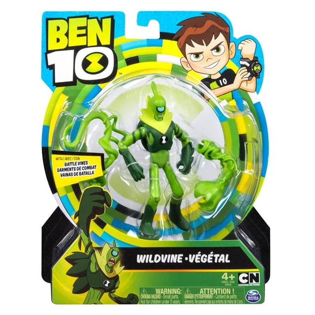 wildvine spin master ben 10 5 pulgadas Figura de acción Wildvine de 5 pulgadas en empaque blister, vista frontal; figura verde basada en la serie animada con seis puntos de articulación y emblema Omnitrix en el pecho; cartón con logo Ben 10 y arte del personaje, recomendada para niños 4+; también usada frecuentemente como pieza coleccionable para exhibir.