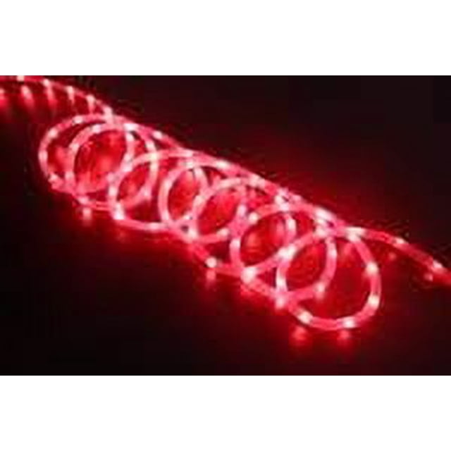 18 ft red LED rope lights glowing brightly, coiled in a spiral for holiday decoration