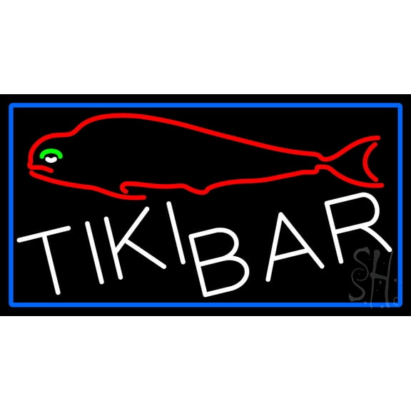Dolphin Tiki Bar With Blue Border LED Neon Sign 20 x 37 - inches, Clear Edge Cut Acrylic Backing, with Dimmer - Bright and Premium built indoor LED Neon Sign for Bar decor.
