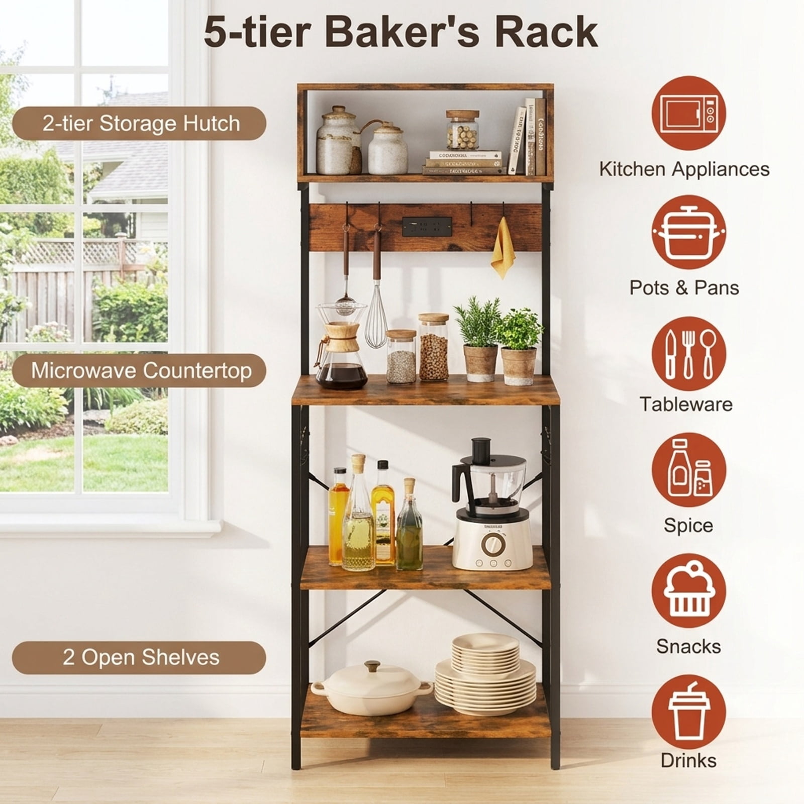 RUIE 60 Inch Tall Microwave Stand with Open Shelves, Kitchen Baker's Rack with Built-in Power Strip and 10 Hanging Hooks, Rustic Brown