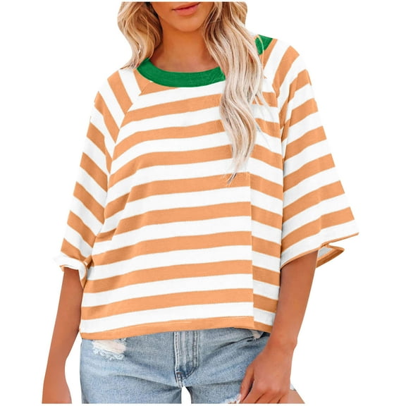 Stamzod 3/4 Length Sleeve Womens Tops Fashion Strip Printed Crewneck Pullover Top Casual Loose Summer Blouses for Women Orange-2 M