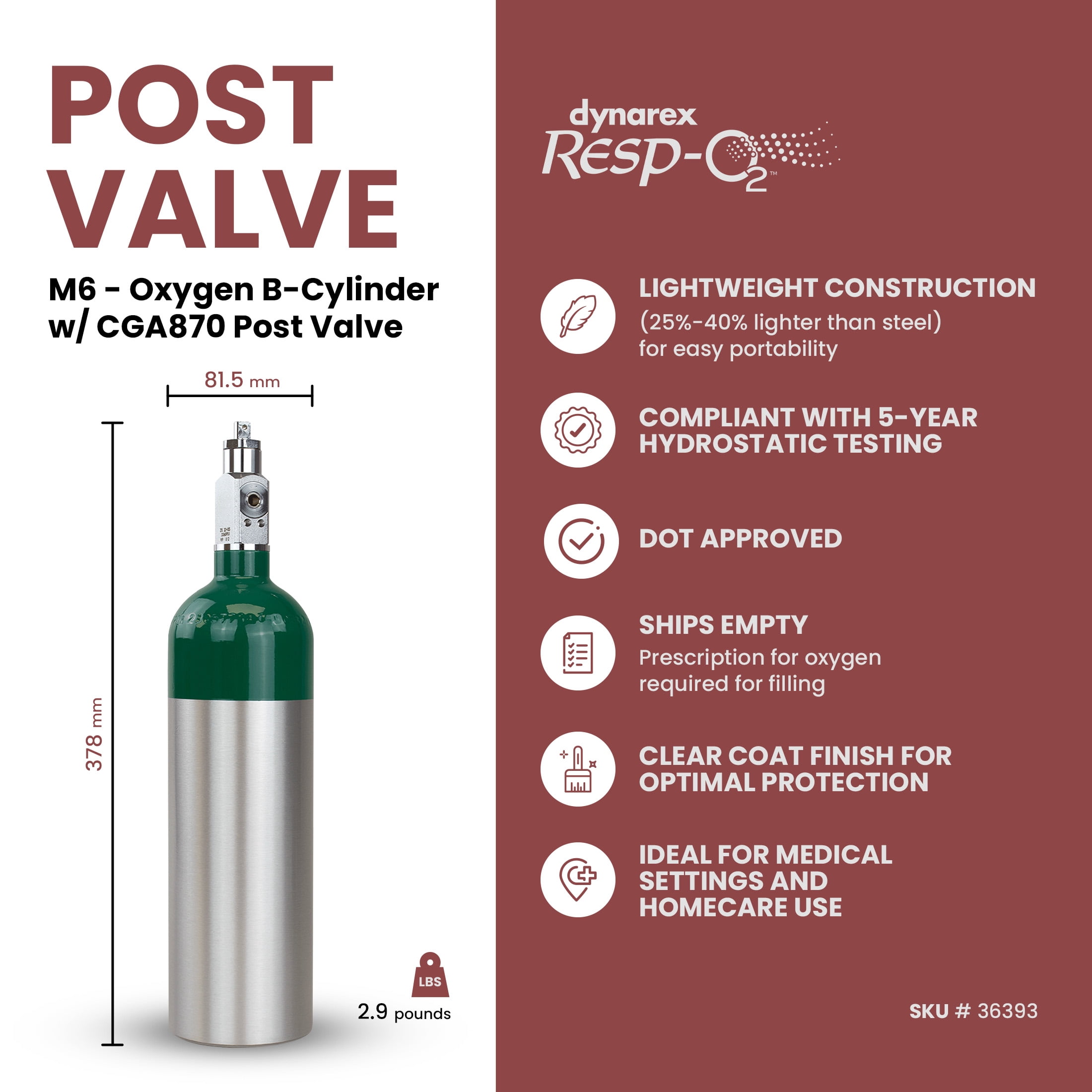 Dynarex Resp-O2 M6 Oxygen B -Cylinder with CGA 870 Post Valve – 1L Standard Size Oxygen Cylinder - Lightweight Aluminum Portable Tank with 165L Oxygen Capacity