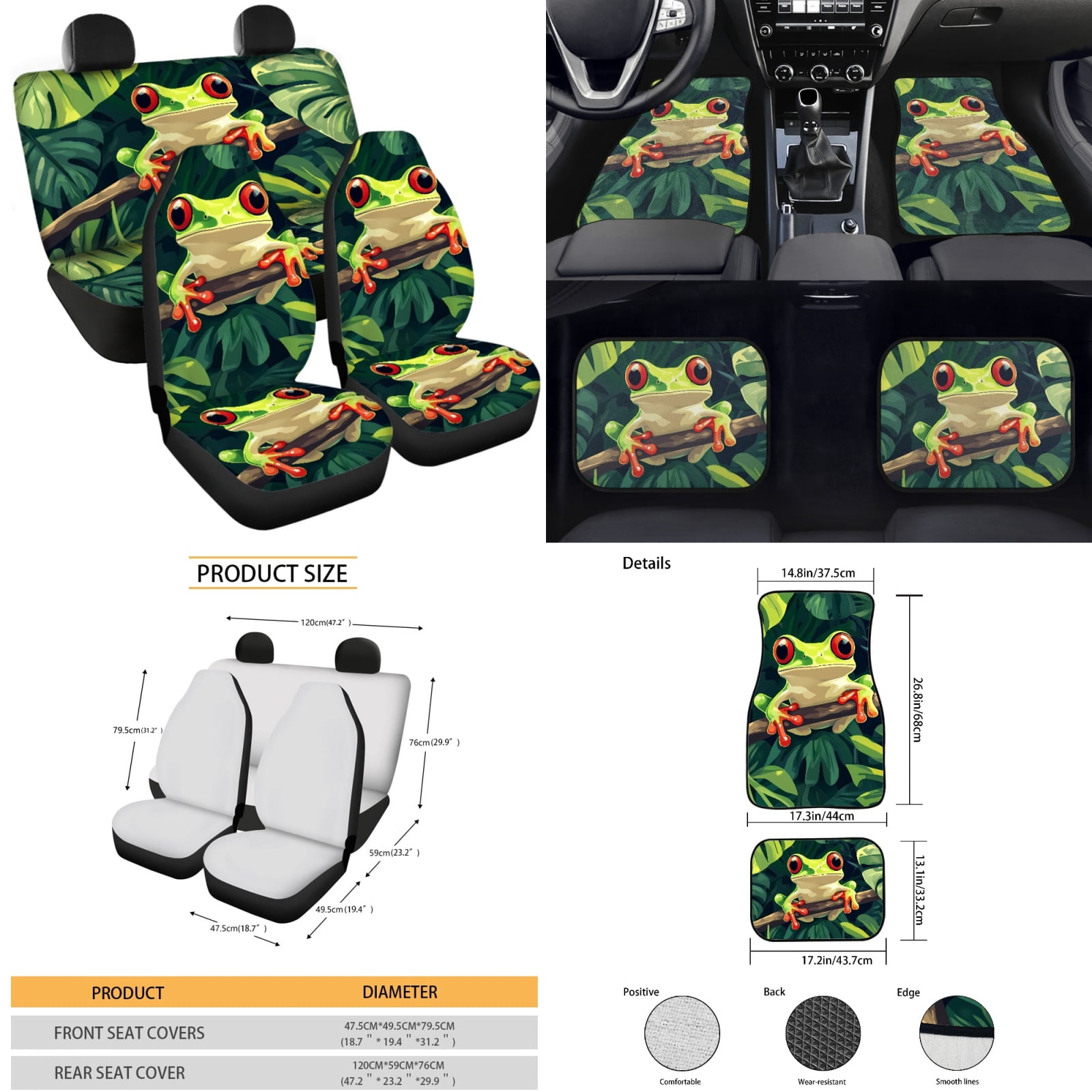 Yuyamidu Frog ar Seat Cover Full Set of 15 Palm Leaves Car Floor Mats Steering Wheel Cover Seat Belt Strap Pads Cup Coasters Gear Shift Knob Cover, Green