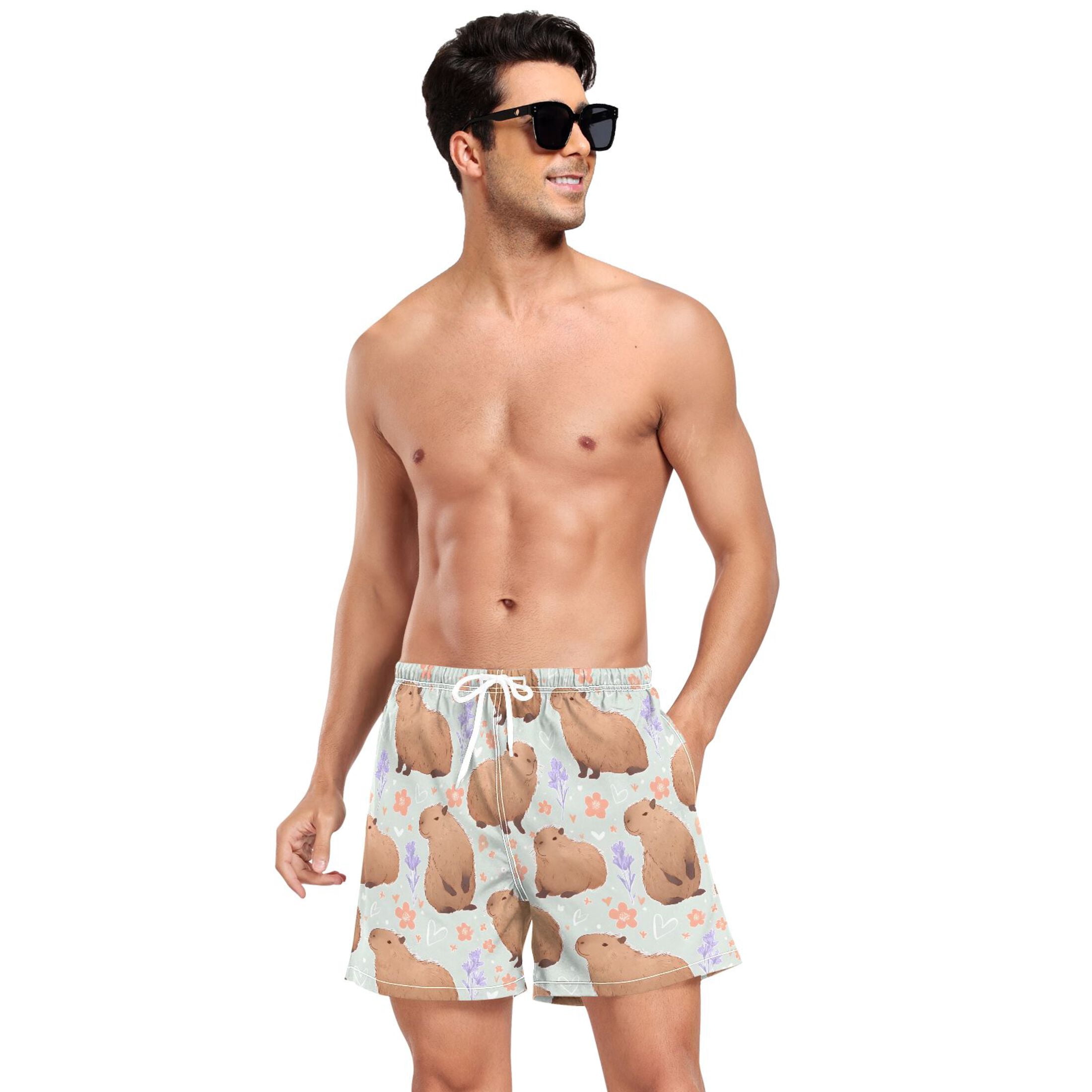 joogoo Men's Cute Capybara Floral Swim Trunks with Liner Pocket Beach Shorts L