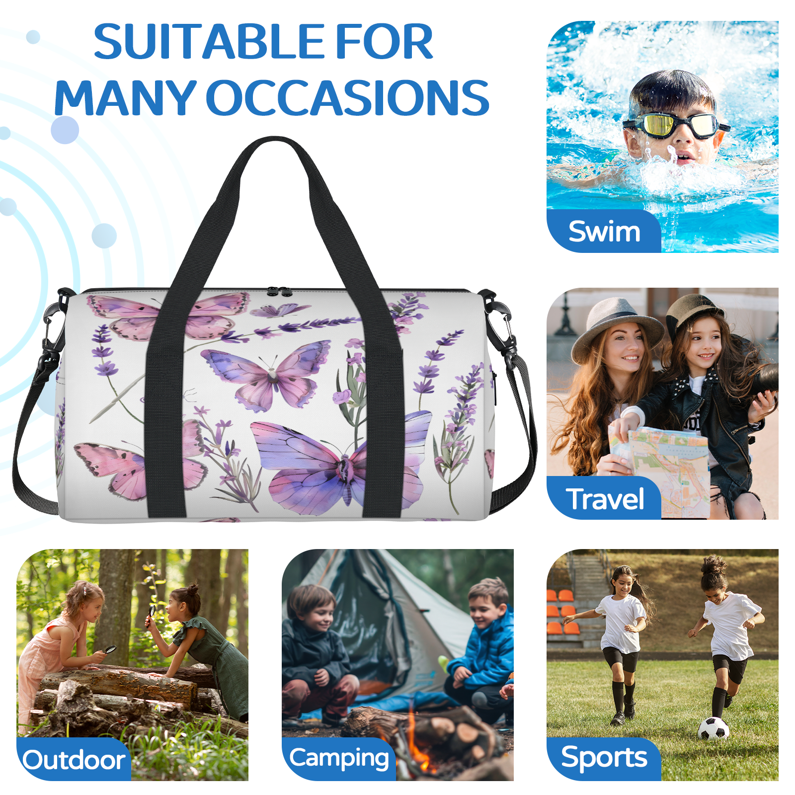 Herdesigns Butterfly Lavender Travel Duffle Bag Sports Yoga Weekender Overnight Carry on Workout Bags Lightweight Waterproof Gym Tote Bag for Women