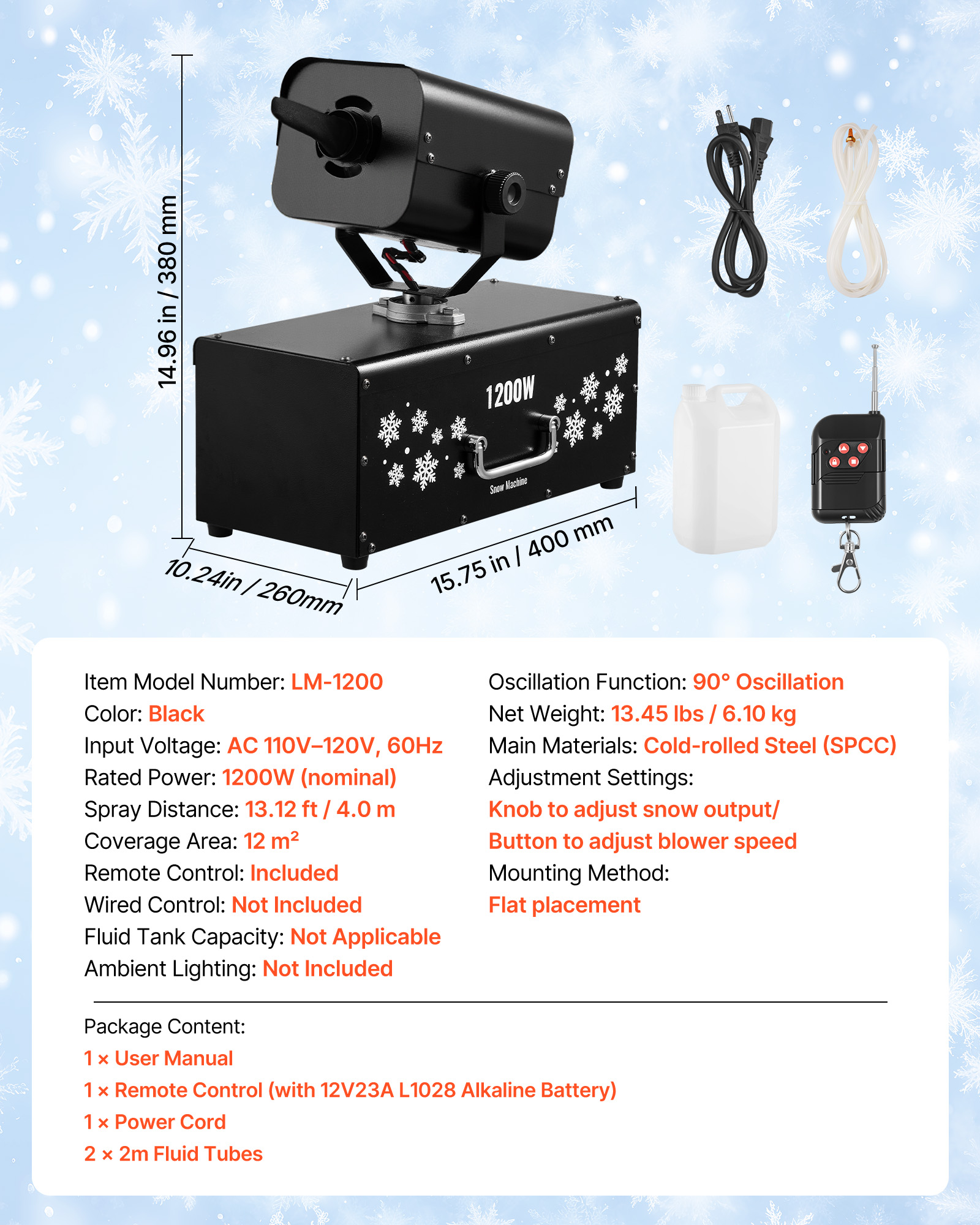 VEVOR Snow Machine, 1200W 90° Shaking Head Snow Maker with Wireless Remote Control, High Output Snowmaking Machine Coverage up to 12 ㎡ for Christmas Wedding Parties Stage Snowflake Effect