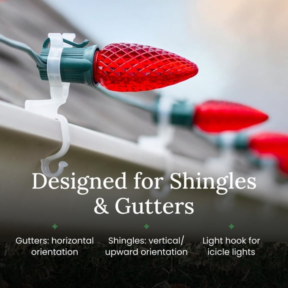 Christmas All Application Light Clips - Bag of 100 - fessional Grade Outdoor Hangers for Mounting String Lights on Gutters & Roof Shingles