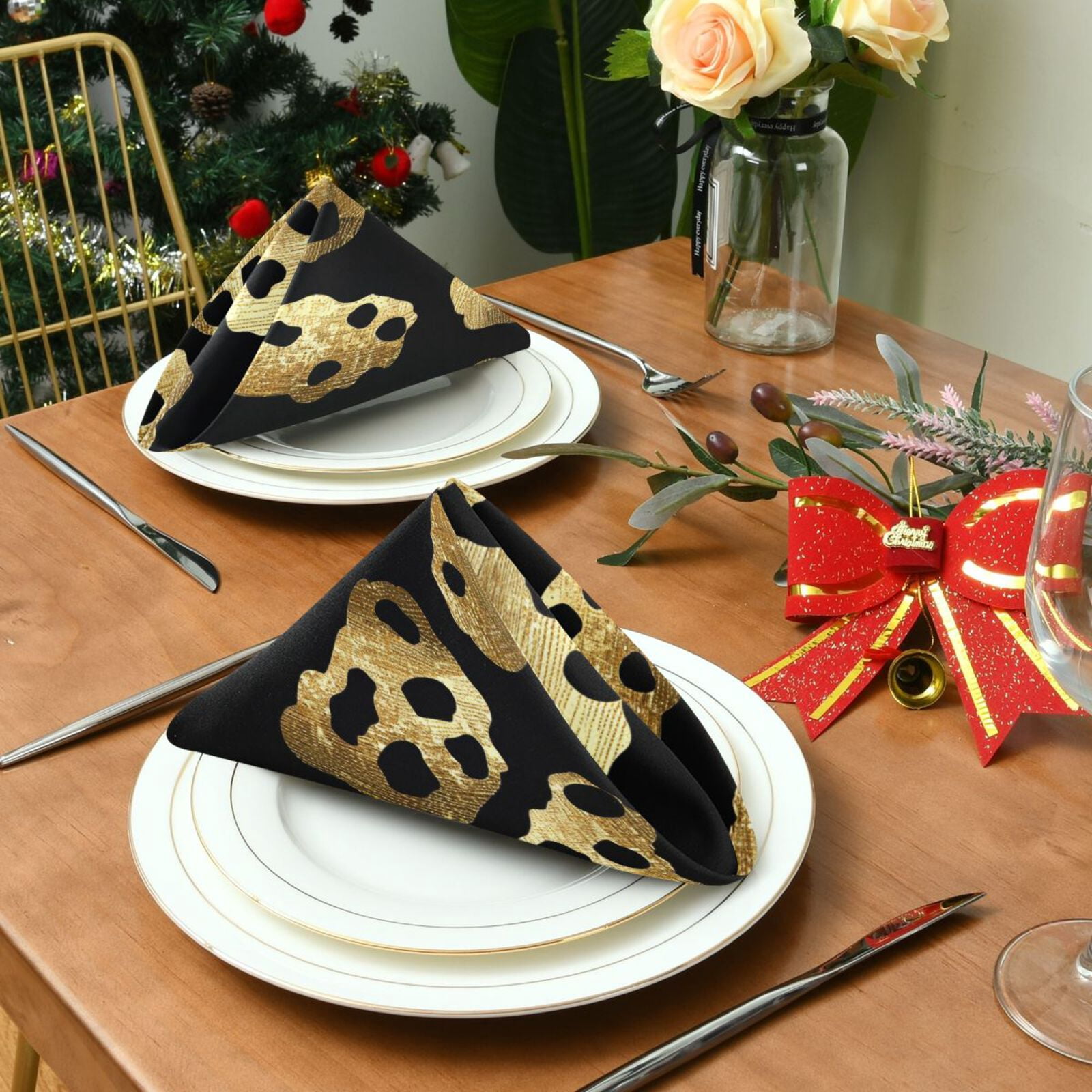 JSTEL Golden Cheetah Leopard Print Cloth Napkins Set of 6, 20x20 Inch Washable and Reusable Napkin for Decoupage Dinner Party Everyday Use