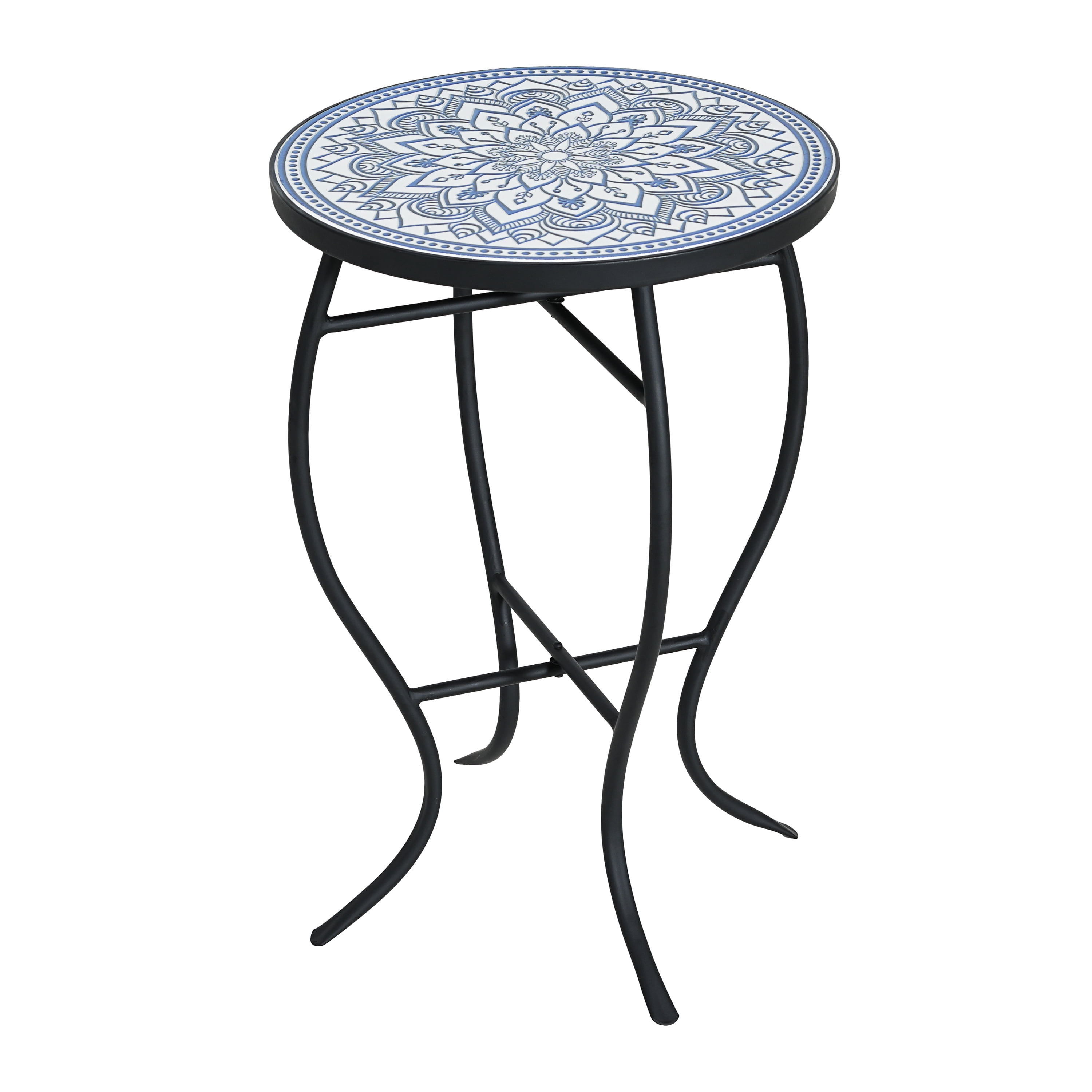 Outdoor Round Mosaic Top Iron Leg Side Table for Patio Garden, Blue