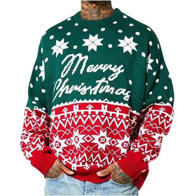 LOVZFMLL Sweaters for Men, Casual Crew Neck Ribbed Pullover, Color Block Print Christmas Sweater, Fall Clothes, Warm Winter Tops Loose