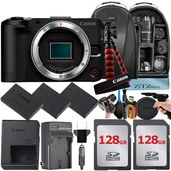 Canon EOS R50 V Mirrorless Camera (Body Only) with 2 Pack 128GB Memory Card + 3 Pieces Battery + Backpack + Tripod + ZeeTech Accessory Bundle