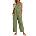 thumbnail image 2 of Women's Sleeveless V‑neck Linen Jumpsuit, Button Front Wide Leg Pants with Pockets, Casual Vacation Overalls Green XXL, 2 of 8