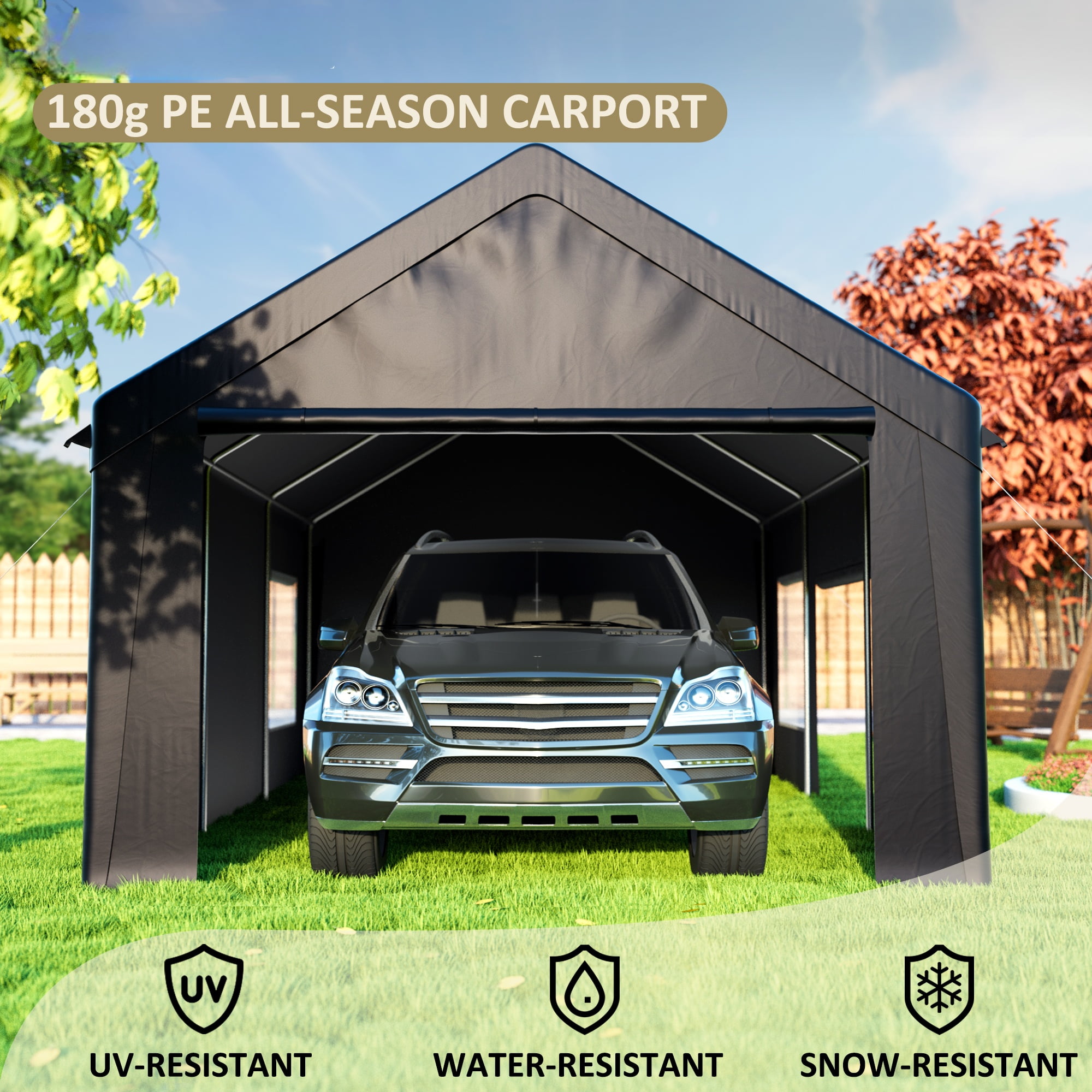 NETAJE 12'x20' Heavy Duty Portable Outdoor Garage Carport with Side-Opening Door, Roll-up Windows, Four-Hole Base for Car, Black