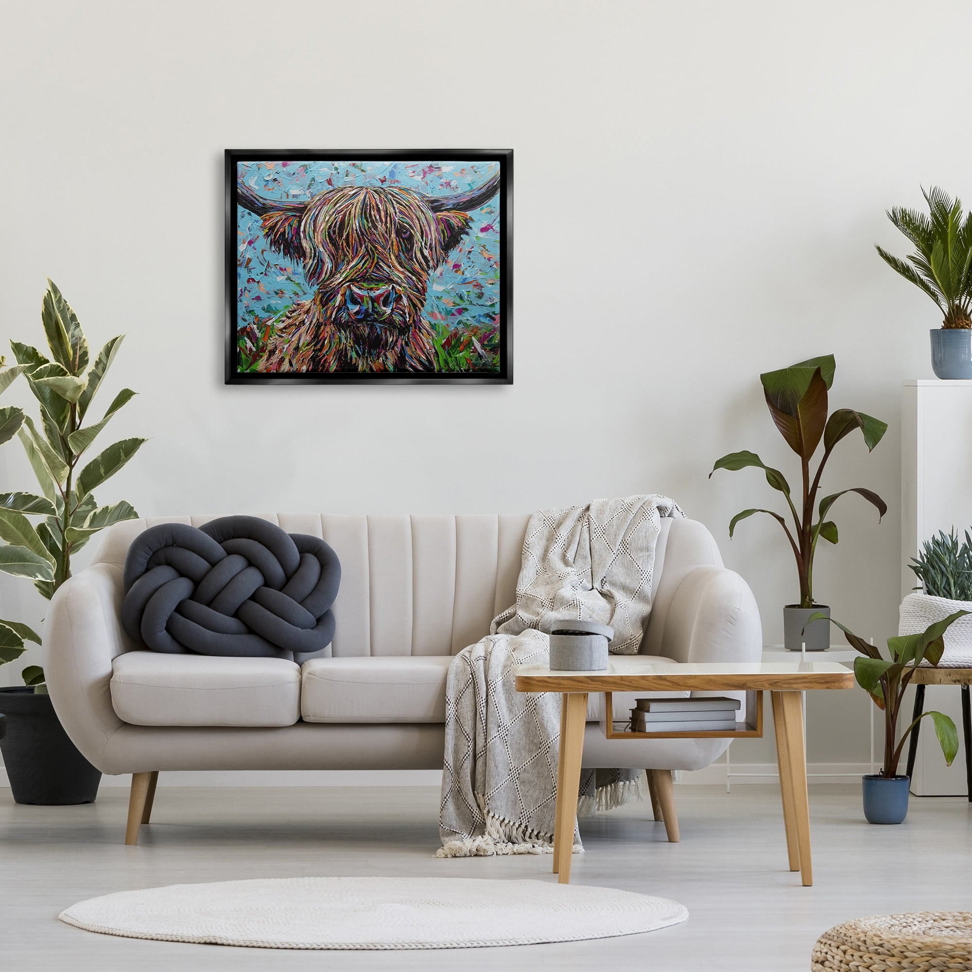 Stupell Industries Highland Cattle Cow Layered Flecked Abstract Portrait Painting Jet Black Floating Framed Canvas Print Wall Art, Design by Carolee Vitaletti