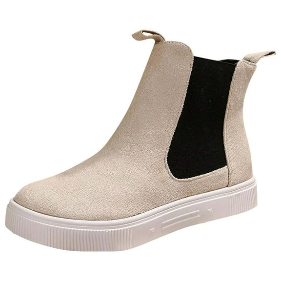 Xfvqtps Ankle Boots for Women Pull on with Elastic Flat Bottom Non Slip Suede Fashion Casual Commute Boots Beige