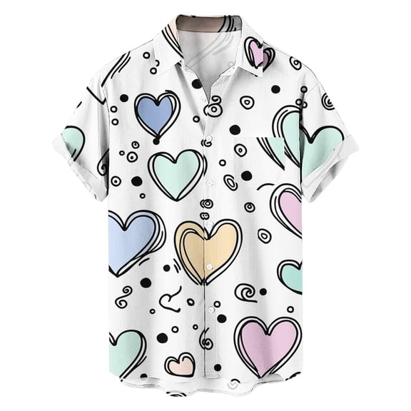 WXLWZYWL Valentin's Days Button down Shirts for Mens Heart Print Summer Hort Sleeve Shirts Collared T-Shirst
