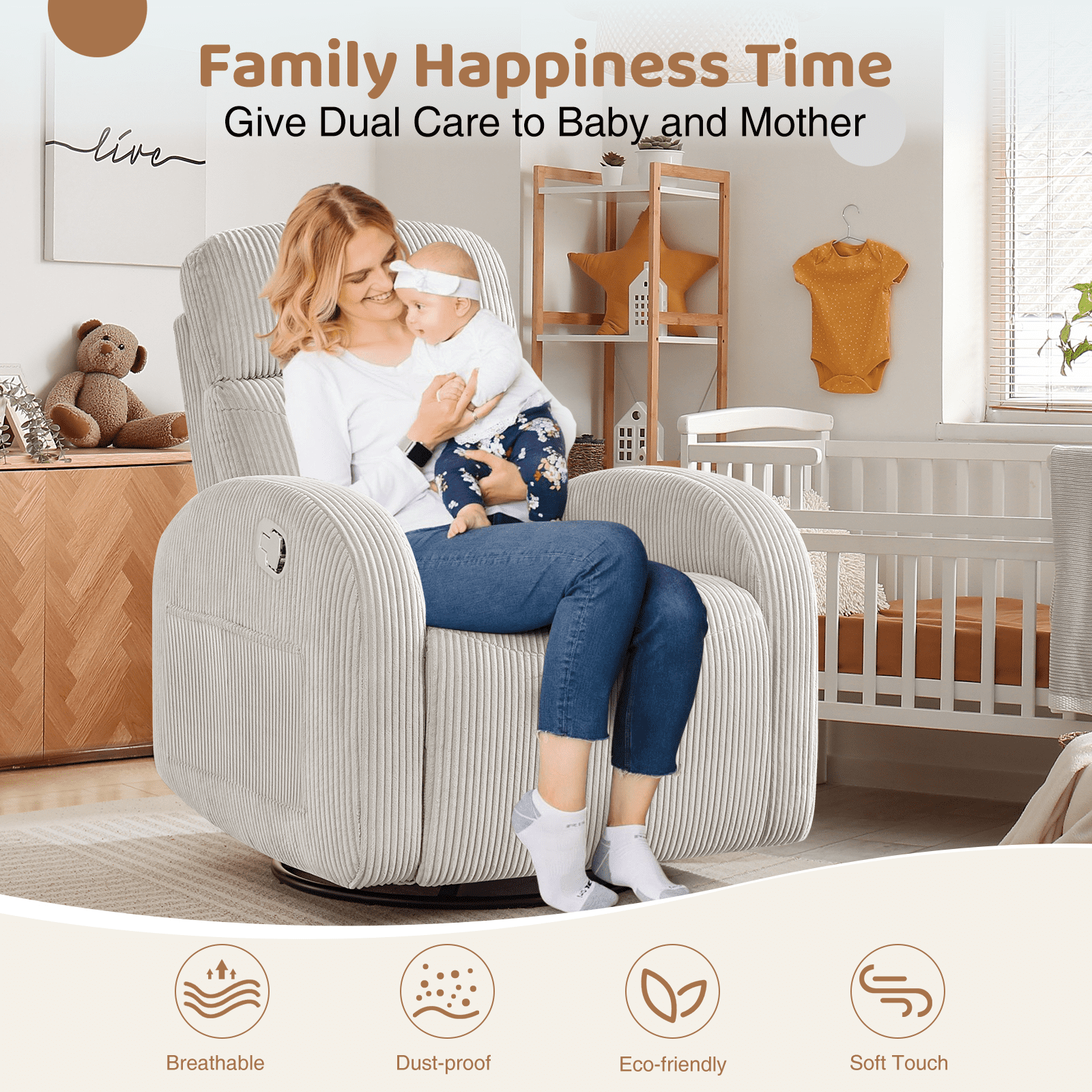 Aemeios Corduroy Swivel Rocker Glider Manual Recliner Nursery Rocking Chair with Double Pockets, Camel