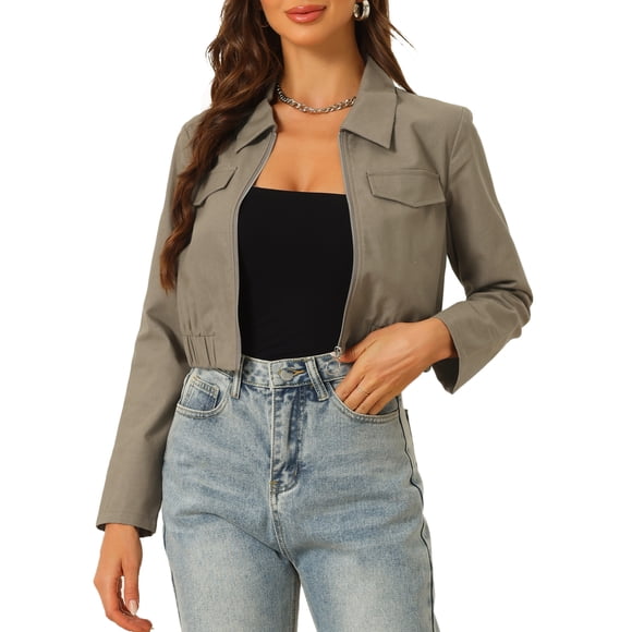 INSPIRE CHIC Cropped Jackets for Women's Zip Up Lightweight Utility Anorak Coat Gray Army Green M