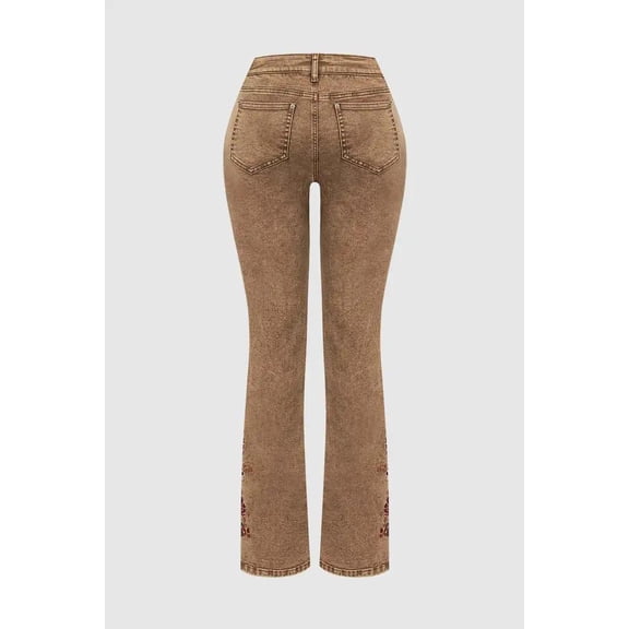Women's Mid Rise Flare Jeans with Floral Embroidery, Vintage Brown Denim Pants for Western Style