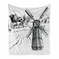 thumbnail image 1 of Landscape Soft Flannel Fleece Blanket, Hand Drawn Rural Scenery Small Town Farm Houses Forest and Mill Romantic Sketch, Cozy Plush for Indoor and Outdoor Use, 50" x 70", Black White, by Ambesonne, 1 of 6