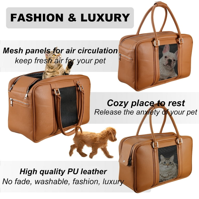 BETOP HOUSE Fashion Dog Carrier PU Leather Dog Handbag Dog Purse Cat Tote  Bag Pet Cat Dog Hiking Bag, Brown, Large