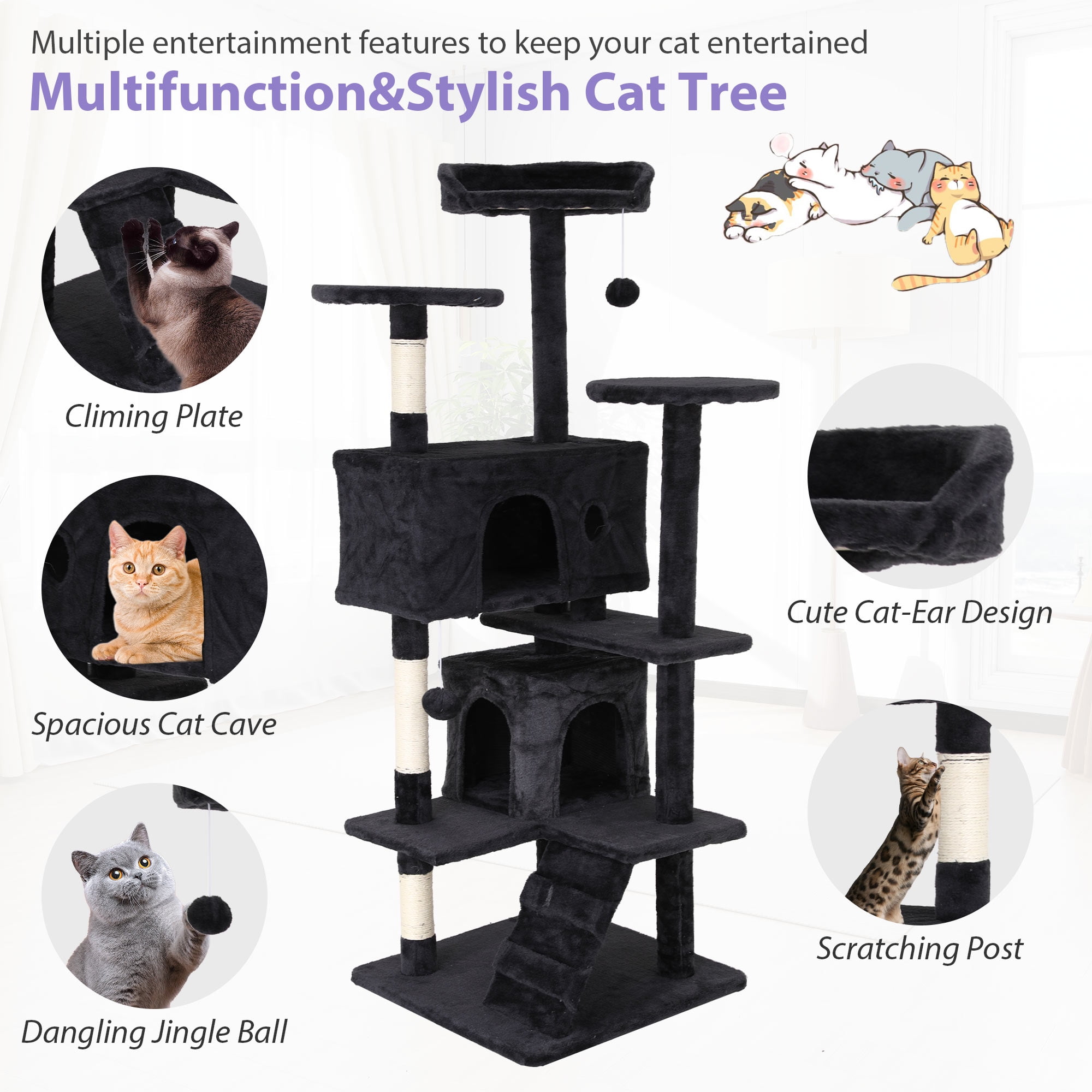CL.HPAHKL 54In Multi-Level Cat Trees, Cat Tower with Durable Sisal-Covered Scratching for Kittens Posts Tall Cat Tree Cats Kitty Condo Activity Tree Center, Dark Gray