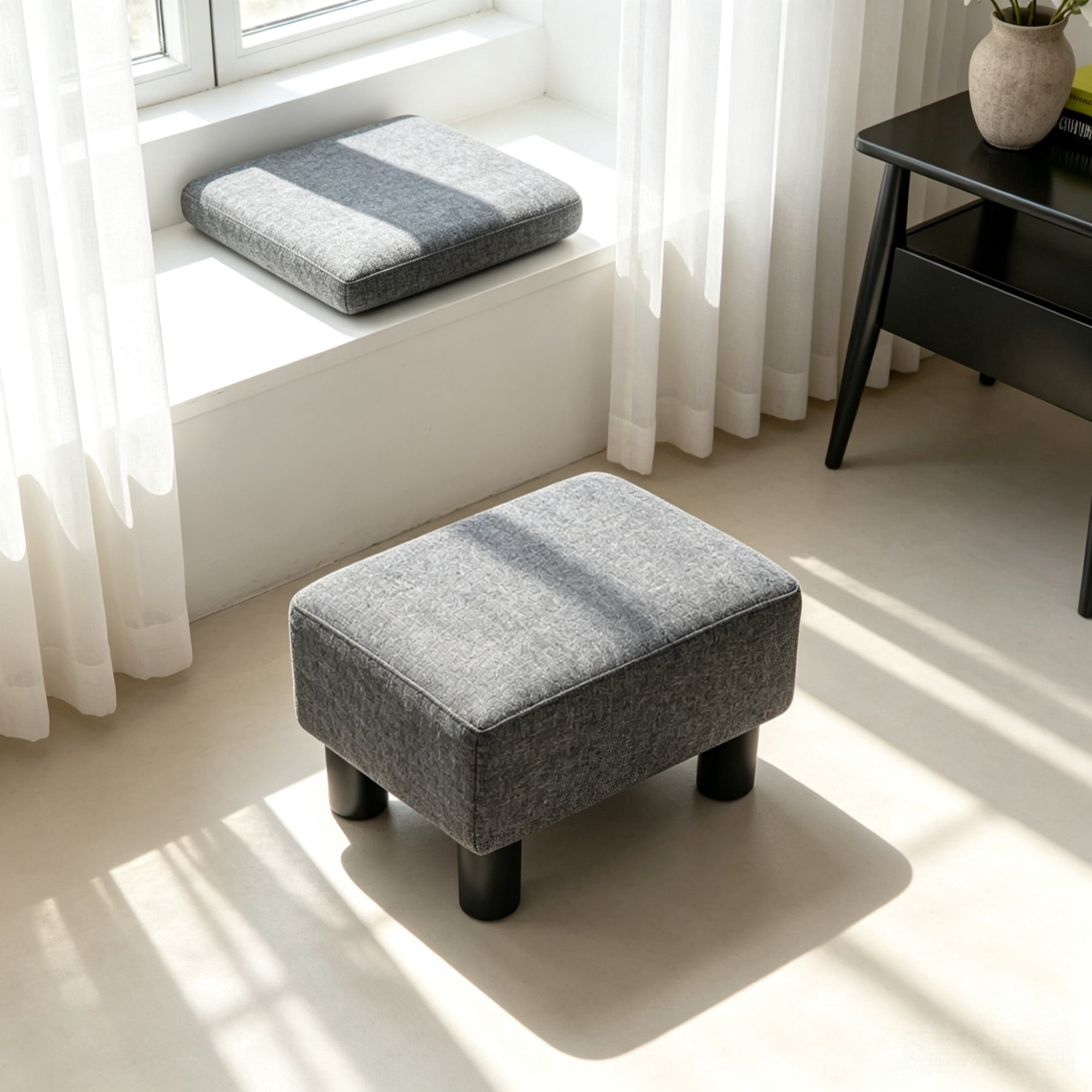 Foot Stool, Cube Ottoman Foot Rest with Sturdy Plastic Legs for Cozy Seating, Small Charcoal Gray Linen