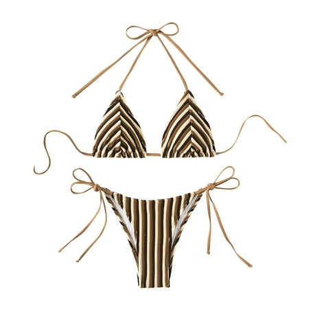UTSJKR Deals Women s Striped Printed Bathing Suit Colorblock Textured Pattern Striped Swimsuit Bikini Set Tie Side Triangle Swimsuit Brown M