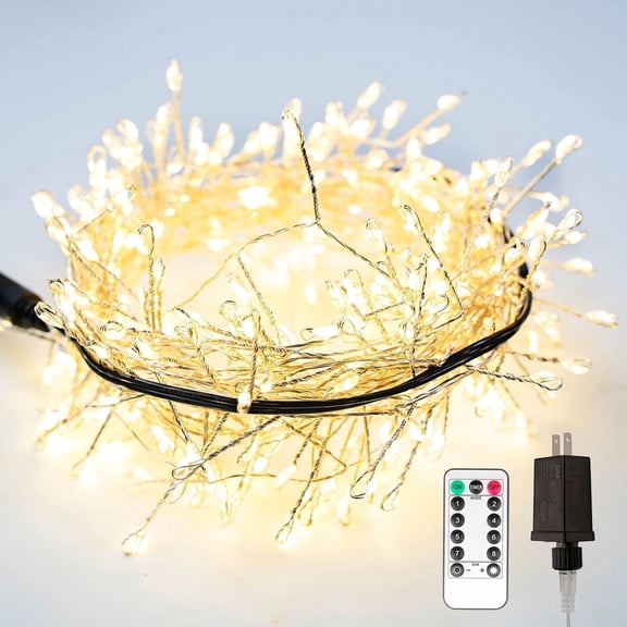RESNICE Cluster Fairy Lights 50FT Firecracker String Lights 500 LED Warm White Plug in Indoor Silver Wire String Lights with Remote for Christmas Tree,Plant,Garden,Patio,Backyard