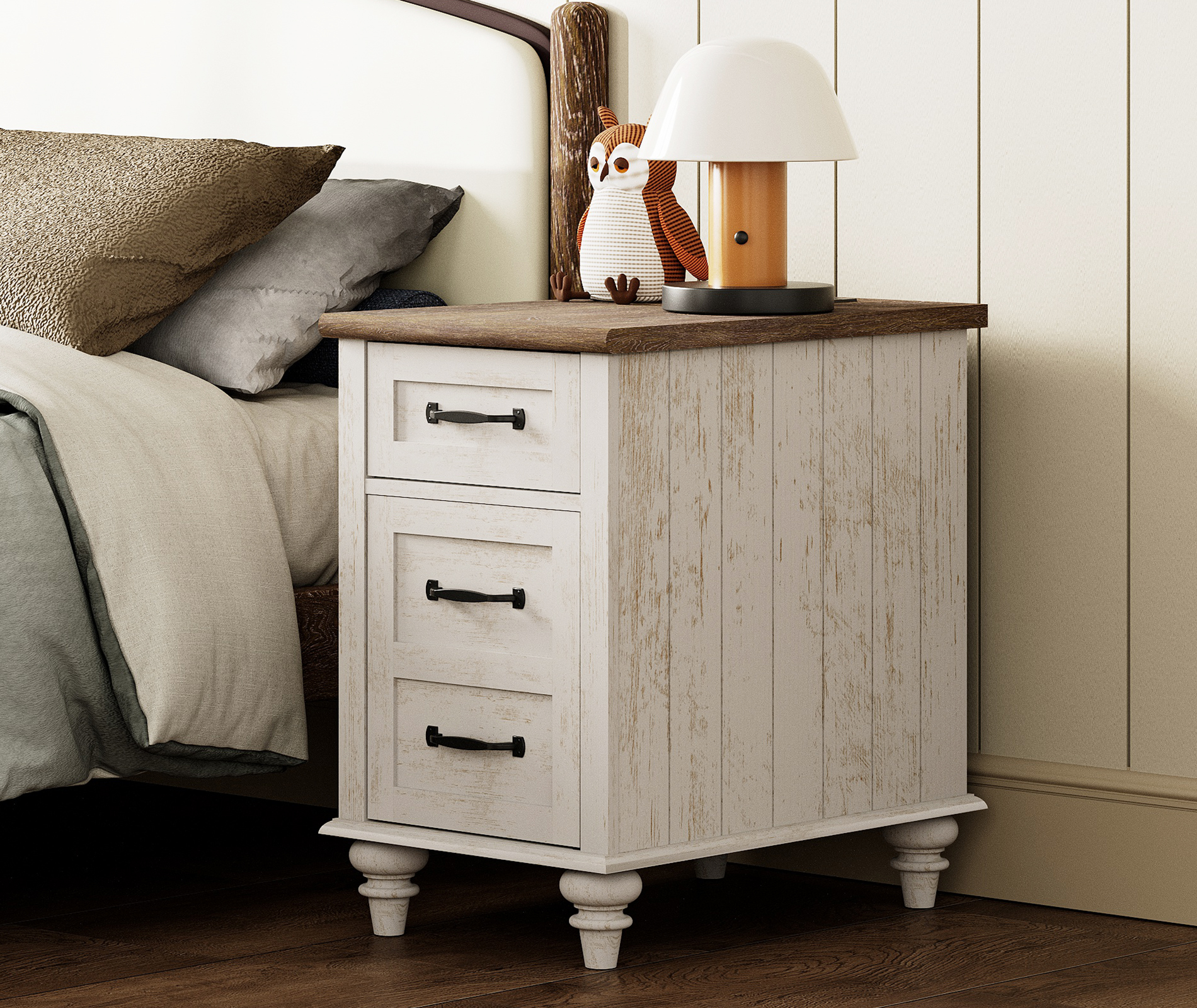 End Tables with Drawer & Cabinet, Antique White Side Table Nightstand with Charging Station for Living Room & Bedroom