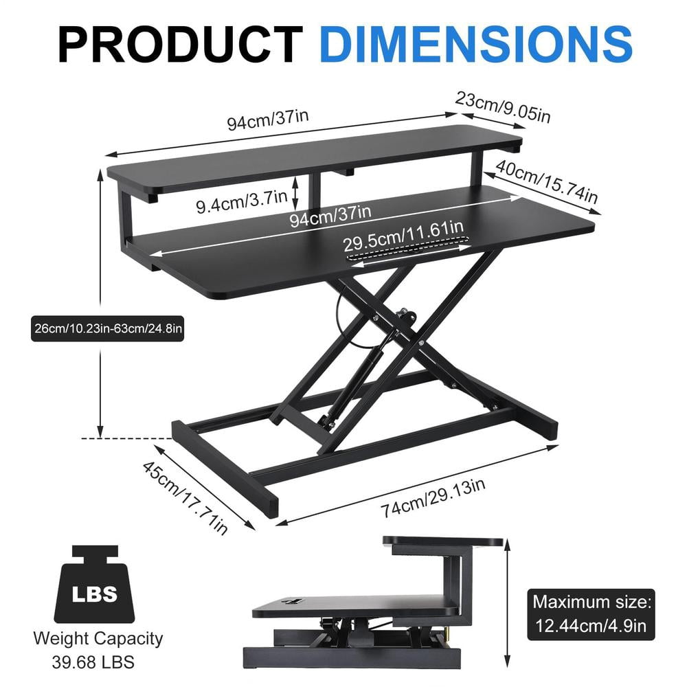 37 inch Desk Converter, Height Adjustable Sit to Stand Riser, Monitor and Laptop Workstation with Wide Keyboard Tray, Black
