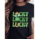 thumbnail image 1 of Camiseta "Lucky" del Día de San Patricio para mujer: camiseta negra informal con estampado de tréboles y arcoíris, mangas cortas, perfecta para celebraciones de primavera/verano, ideal para el tiempo, 1 of 7