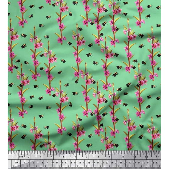 Soimoi Poly Georgette Fabric Leaves,Floral & Honey Bee Insects Printed Craft Fabric by The Yard 52 Inch Wide