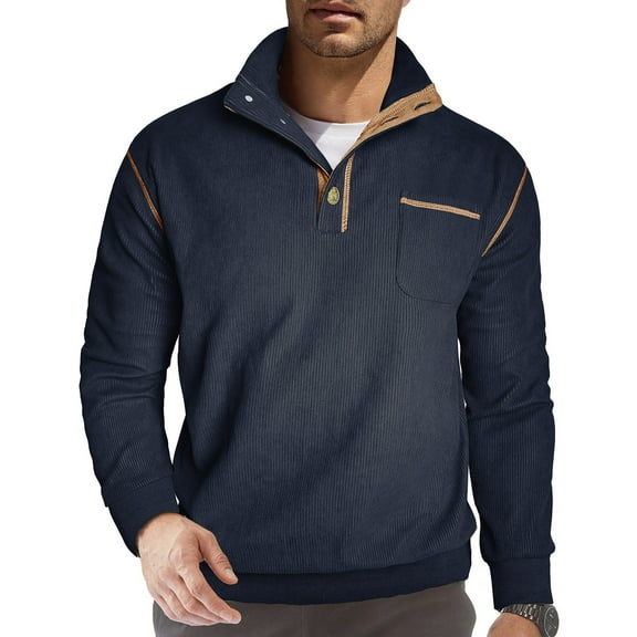 PNTUTB Men's Casual Quarter Button Stand Collar Long Sleeve Color-blocked Comfortable Warm Pullover Tops with Pocket
