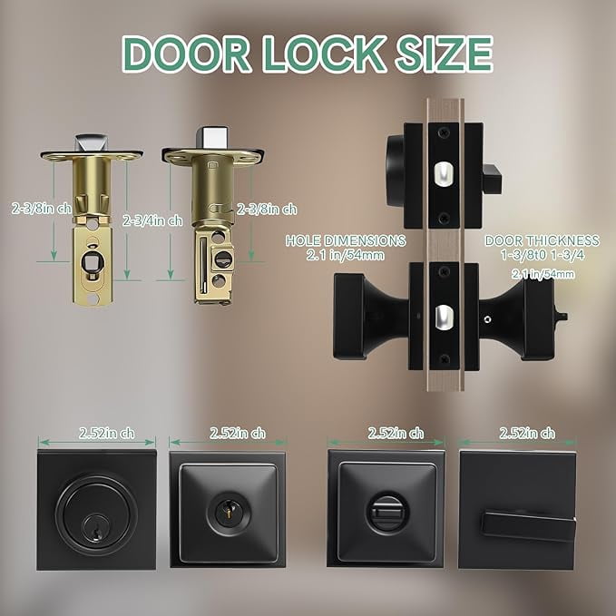 Square Front Door Lock Set,Single Cylinder Deadbolt and Knob with Lock, Keyed Alike Door Locks for Front Door(Matte Black,2pack-Set)