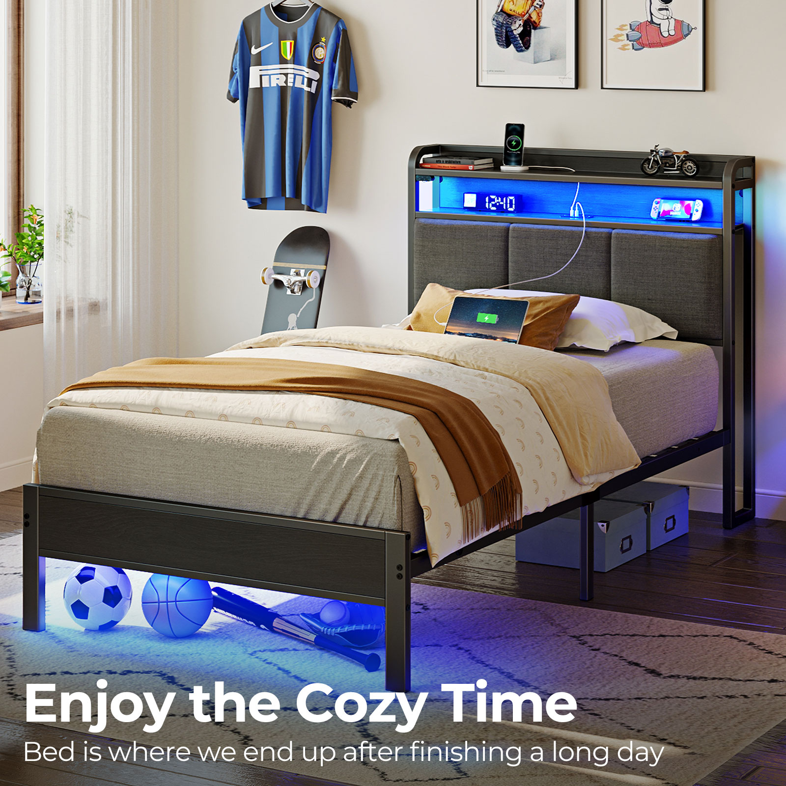 Rolanstar Twin Size Bed Frame with Charging Station and LED Lights